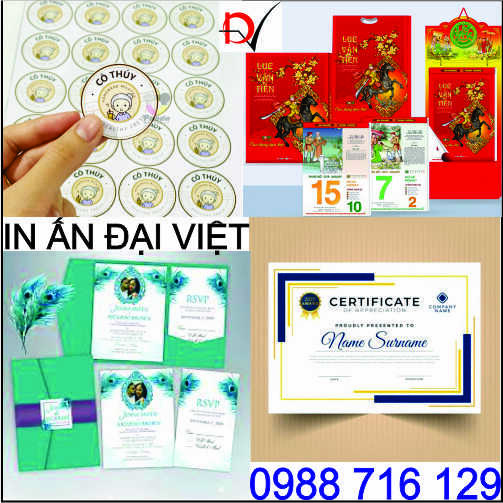 In ấn tem nh&atilde;n hiệu, thiệp cưới, lịch tết, giấy khen, decal Cao L&atilde;nh